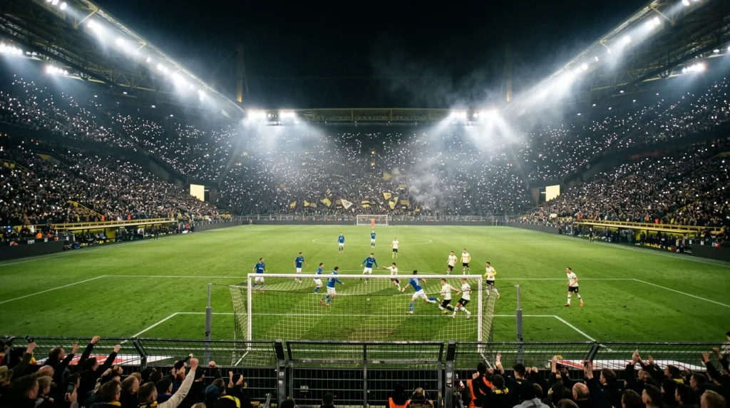 Abendliches Zweitliga-Stadion bei Flutlicht mit laufendem Spiel auf dem Rasen