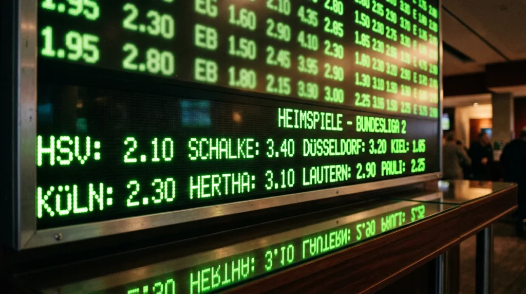 Nahaufnahme einer Quotentafel mit Dezimalquoten für ein Zweitliga-Spiel