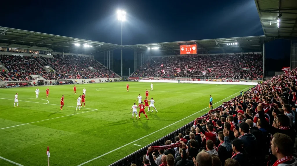 Fußballstadion der 2. Bundesliga mit Anzeigetafel und Quotendarstellung