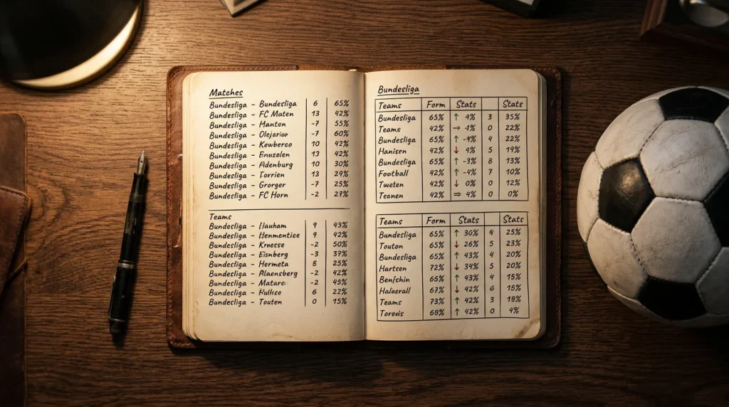 Notizbuch mit handschriftlichen Wettstrategien neben einem Fußball auf einem Rasenfeld