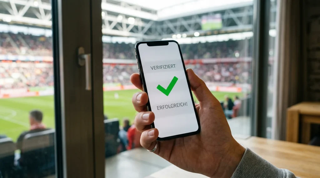 Smartphone mit GGL-Whitelist-Prüfung vor dem Hintergrund eines Fußballstadion