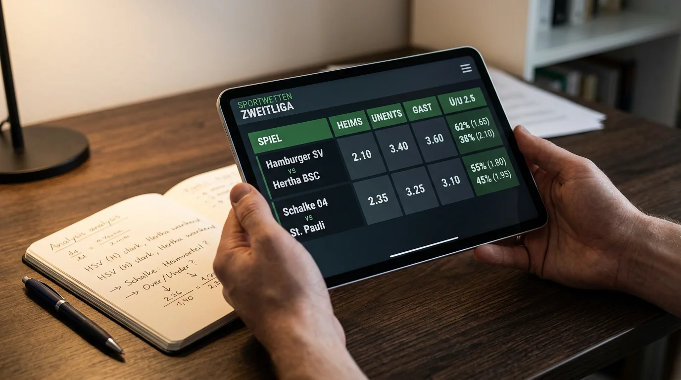 Übersicht verschiedener Wettarten für die 2. Bundesliga auf einem Analyse-Bildschirm