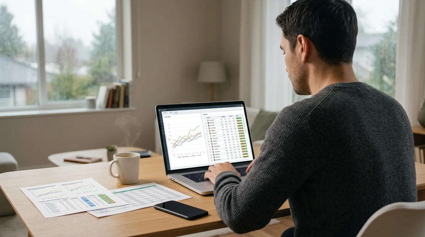 Person analysiert Fußball-Statistiken und Wettquoten auf einem Laptop mit Notizen