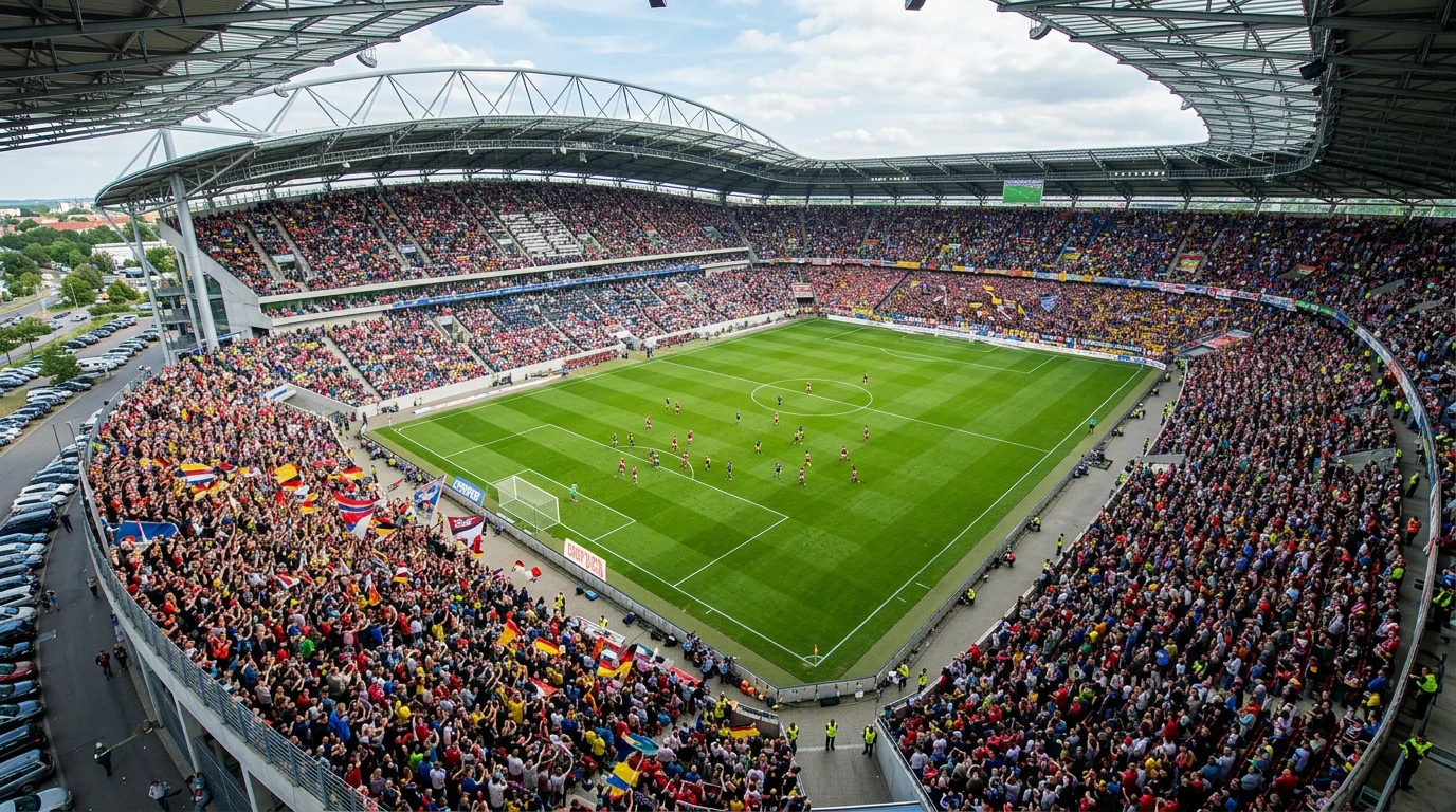 Volles Fußballstadion bei einem Zweitliga-Spiel mit Zehntausenden Zuschauern auf den Rängen